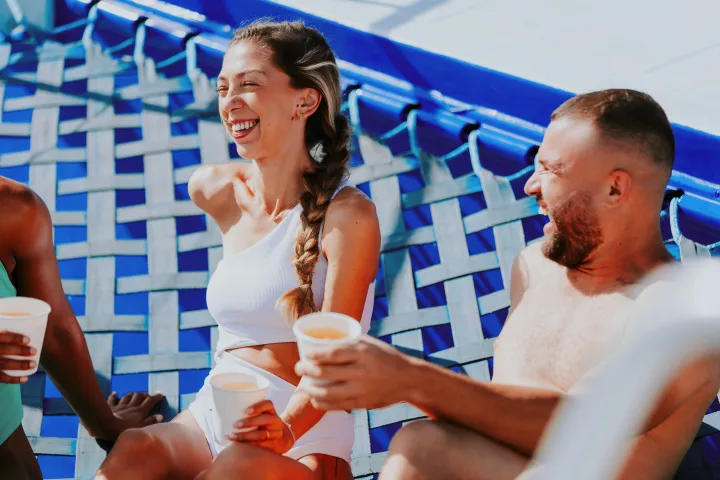 a person sitting in front of a crowd