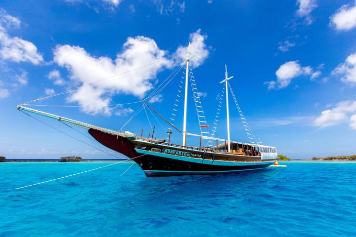 a blue and white boat sitting next to a body of water