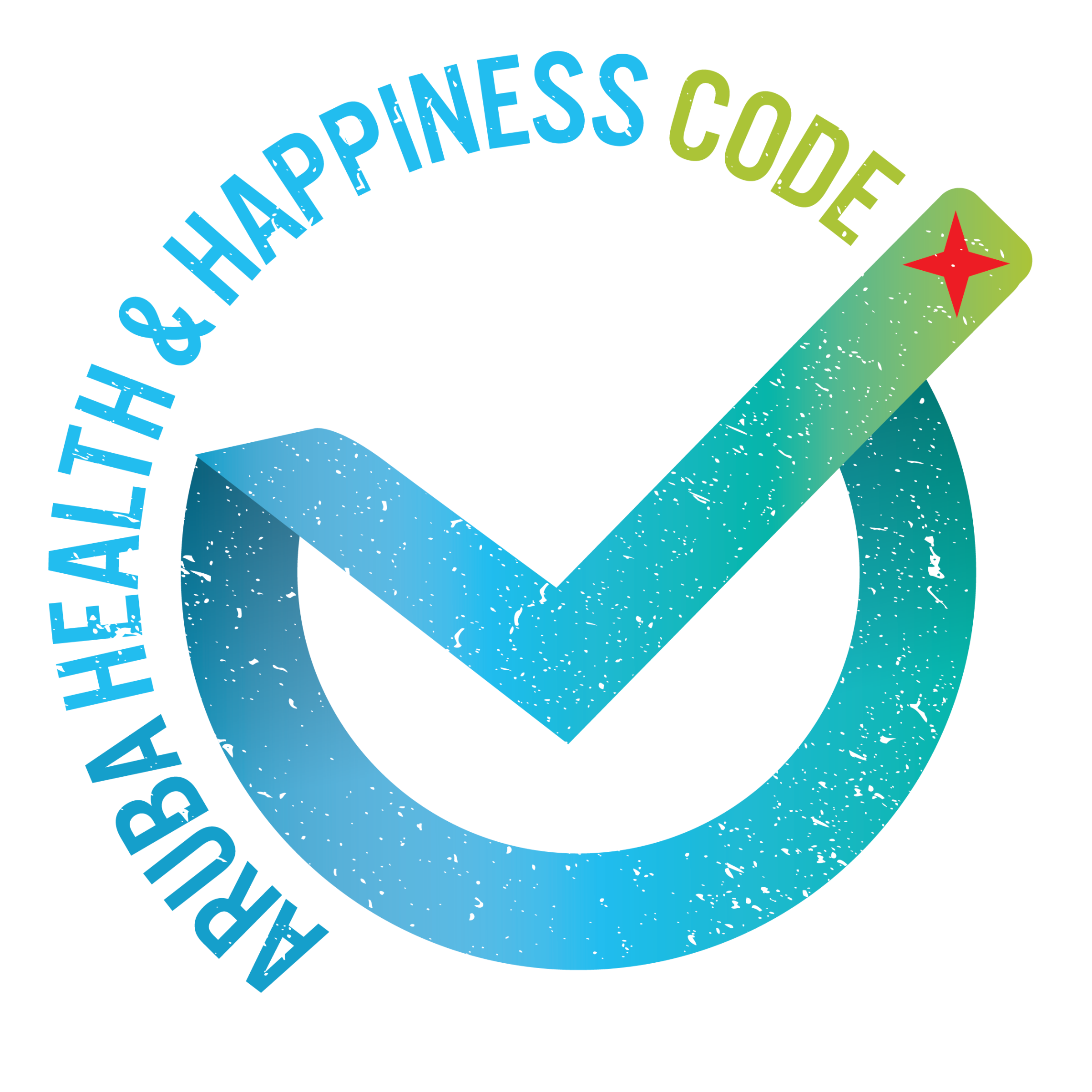 Blue check mark with text: Aruba Health & Happiness Code.