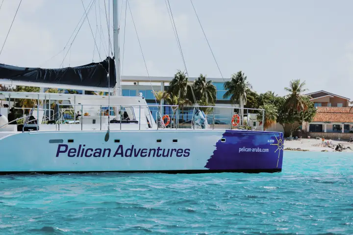 Catamaran 'Pelican Adventures' on blue water near a tropical beach.