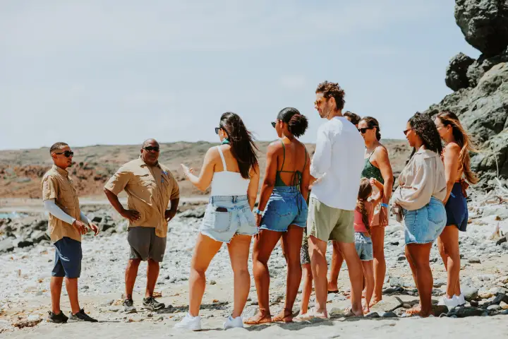 a group of people standing on a beach