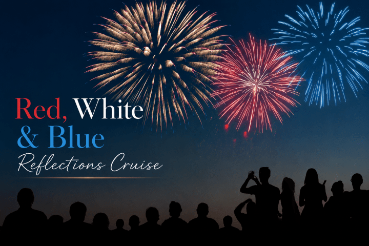 Silhouetted crowd watches red, white, and blue fireworks at night.