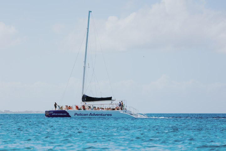 Sailing catamaran 'Pelican Adventures' with passengers on ocean under blue sky.