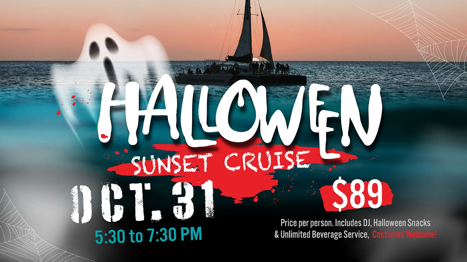 PA HALLOWEEN PRMOSEP’25 Halloween Sunset Cruise ad with ghost, sailboat, and $89 price. Event on Oct. 31, 5:30-7:30 PM. Costumes welcome.
