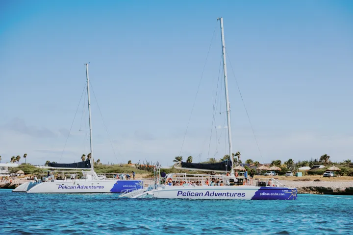 Two catamarans named 'Pelican Adventures' docked near a sandy shore with a clear blue sky.