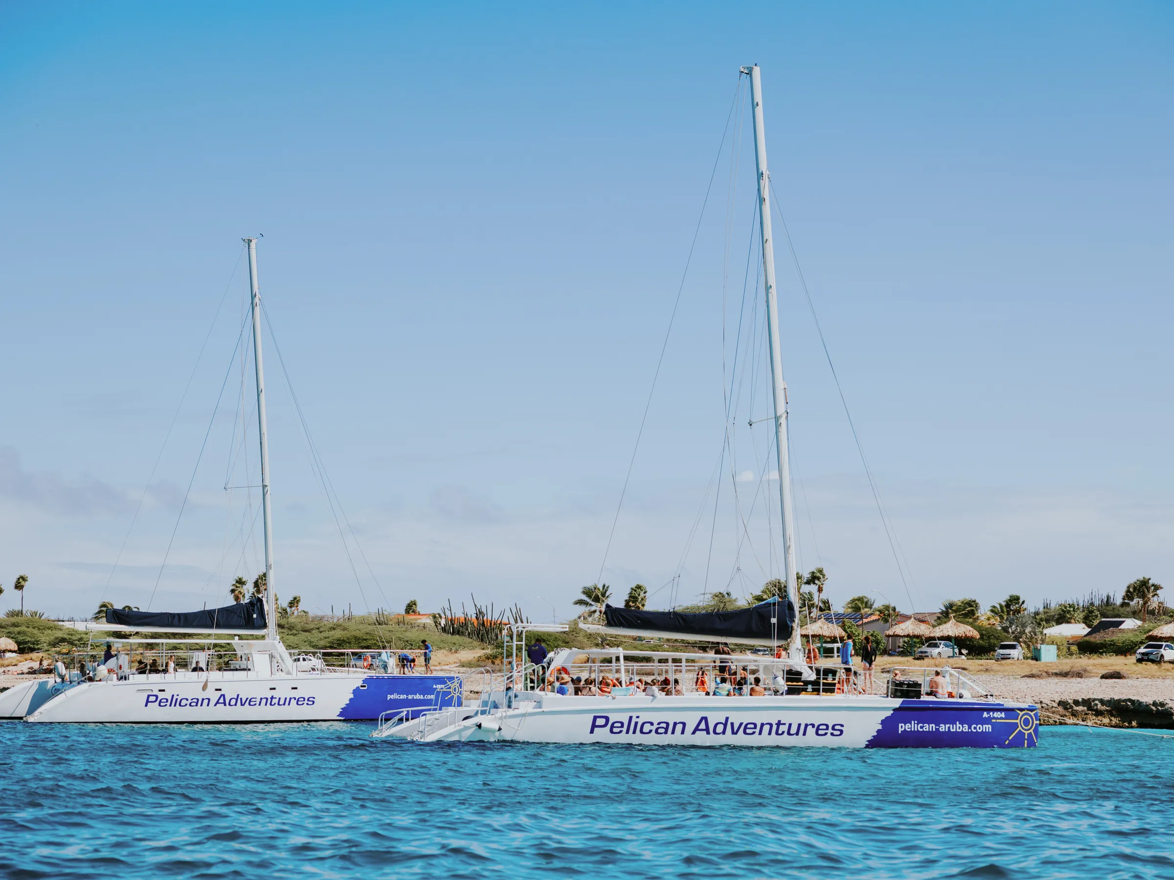 Two sailing boats with 'Pelican Adventures' logos docked near a beach on a clear day.