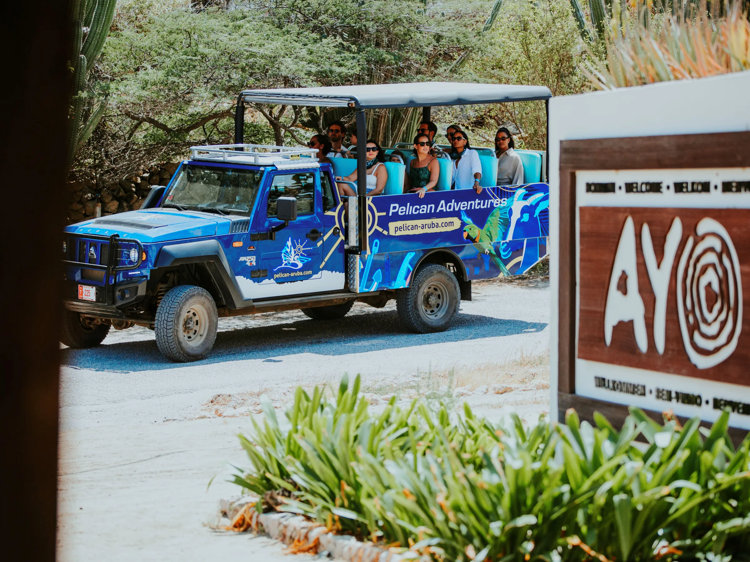 Tour group in an open-air blue jeep, 'Pelican Adventures', near a wooden sign marked 'AYO'.