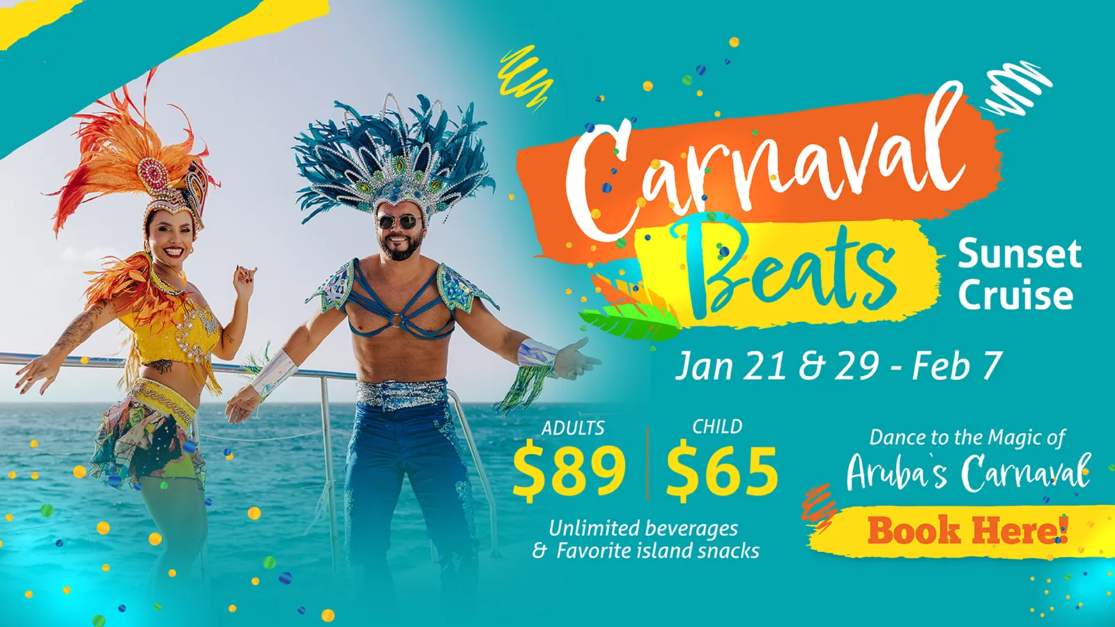 Two people in colorful Carnival costumes on a cruise ship with event details and pricing.